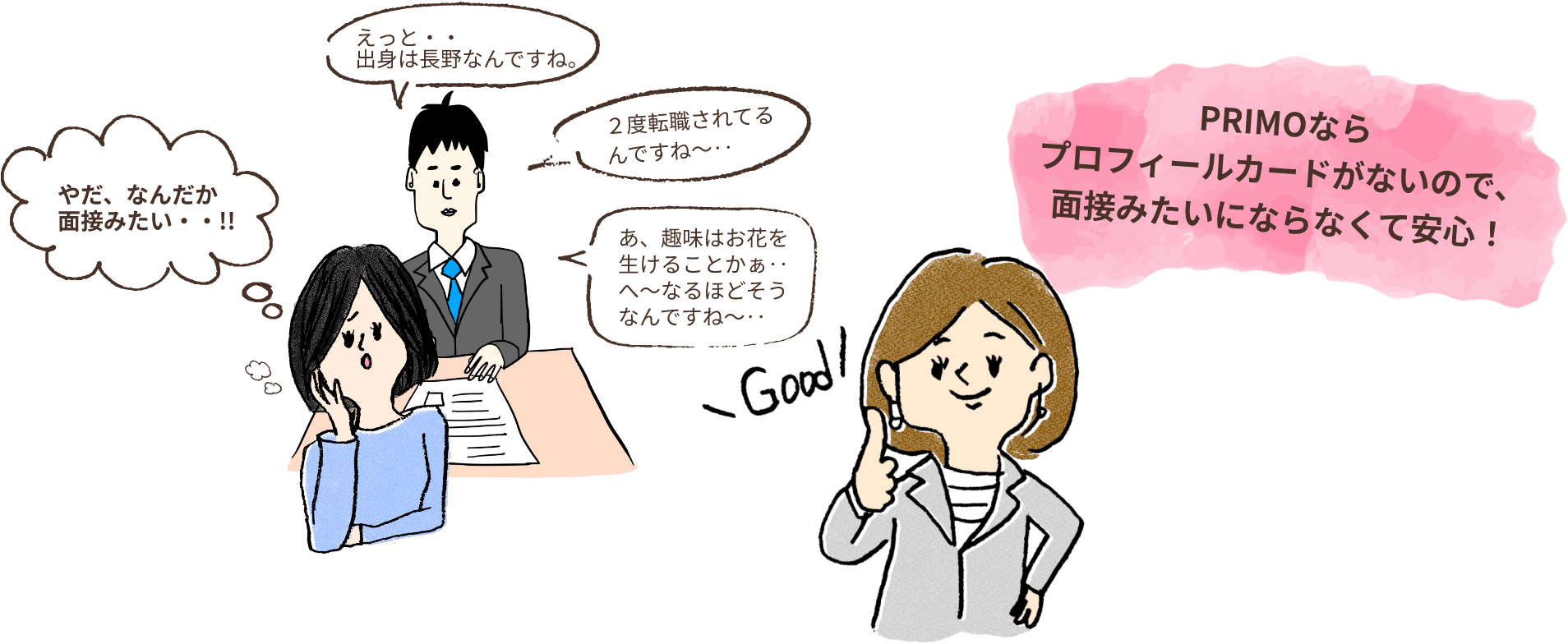 PRIMOならプロフィールカードがないので、面接みたいにならなくて安心！